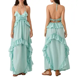 Women's Halter Neck Ruffle Maxi Dress, V Neck Tiered Flowy Long Dress, Backless A-Line Summer Dress for Beach & Vacation Basic Maxi Feminine Sleeveless Casual