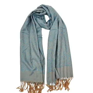Beautiful Light Blue Cashmere Pashmina with Gold Paisley Design - Soft & Elegant Scarf with Fringes