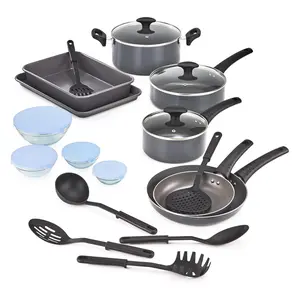 Cookware Set with Glass Lids with Nonstick, PFOA Free and Scratch Resistant Surface, Aluminum Bakeware, Pots and Pans, Storage Bowls & Utensils, Compatible with All Stovetops, 21 Piece