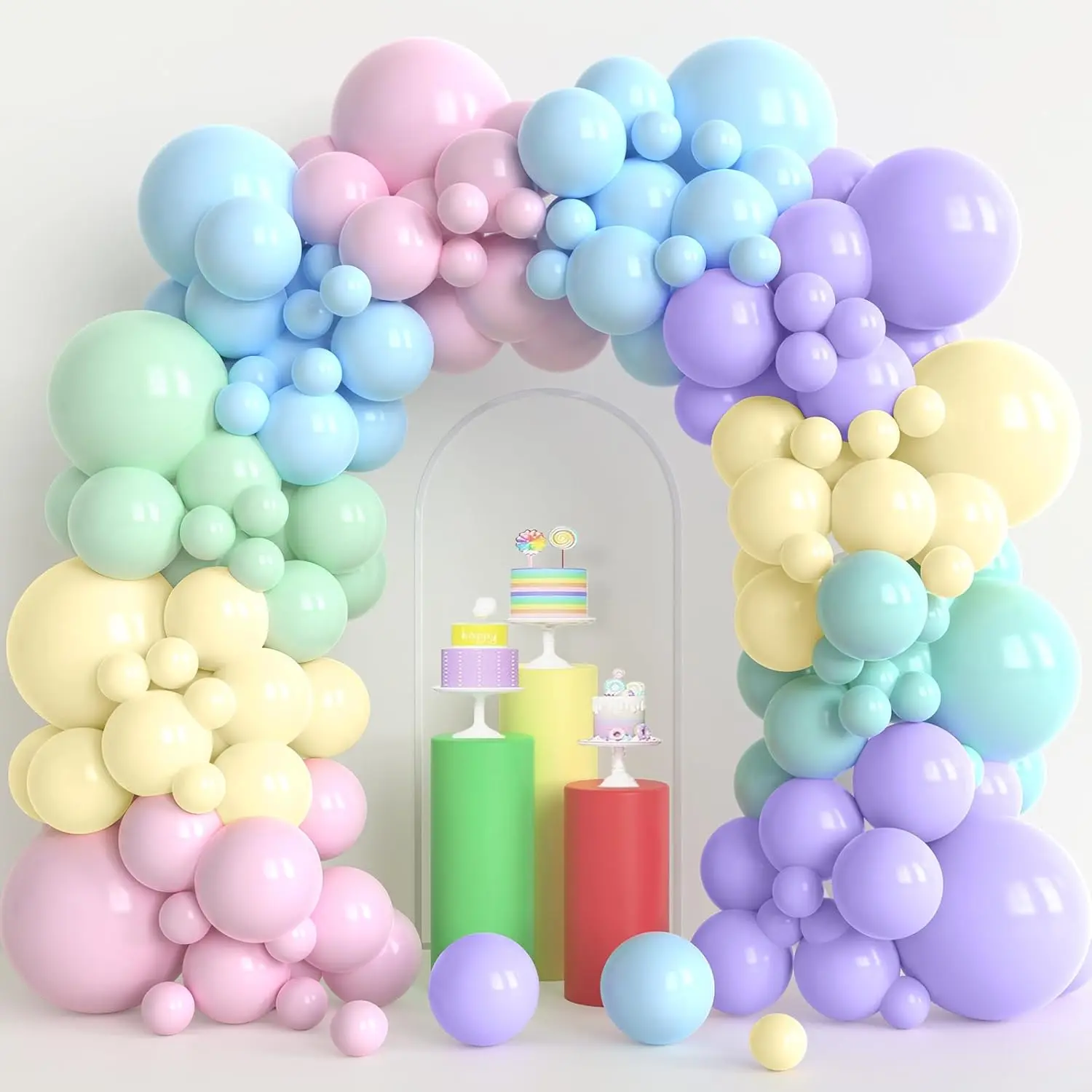 Pastel Macaron Natural Latex Balloon Garland Arch Kit (120-Pack) with Arch Frame, Balloon Strips, Easy-to-Assemble Festive Decor for Baby Shower, Birthday Celebrations