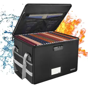 File Box With Lock, Fireproof Document Box With Zipper & Pockets, Collapsible File Organizer Filing Storage Cabinet With Handle, Portable Home Office Safe For Hanging Letter/Legal Folder, Black