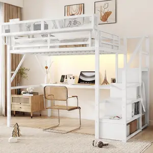 ARCH Full Size Metal Loft Bed with Desk, Charging Station, Stairs, Storage Shelves, Wardrobe, RGB LED Lights, White, 350LBS Capacity, Multifunctional Space-Saving Bedroom Furniture for Kids Teens Adults, Study Work Gaming Area, Full Size Options