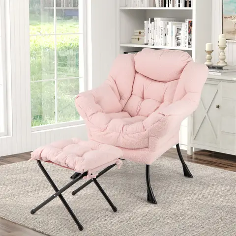 Costway Lazy Chair with Ottoman, Accent Sofa Chair with Folding Footrest, Side Storage Pocket, Upholstered Leisure Lounge Armchair with Stool for Bedroom, Living Room, Office, Christmas Festival Gift Black Friday Cyber Monday