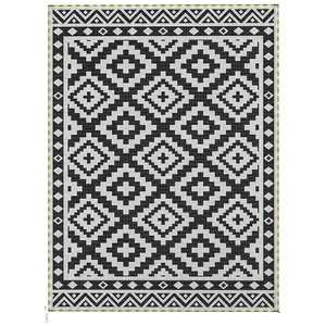Outdoor Rug Carpet Reversible Plastic Straw Rug with LED Lights Black and White 12' x 9' for Patio
