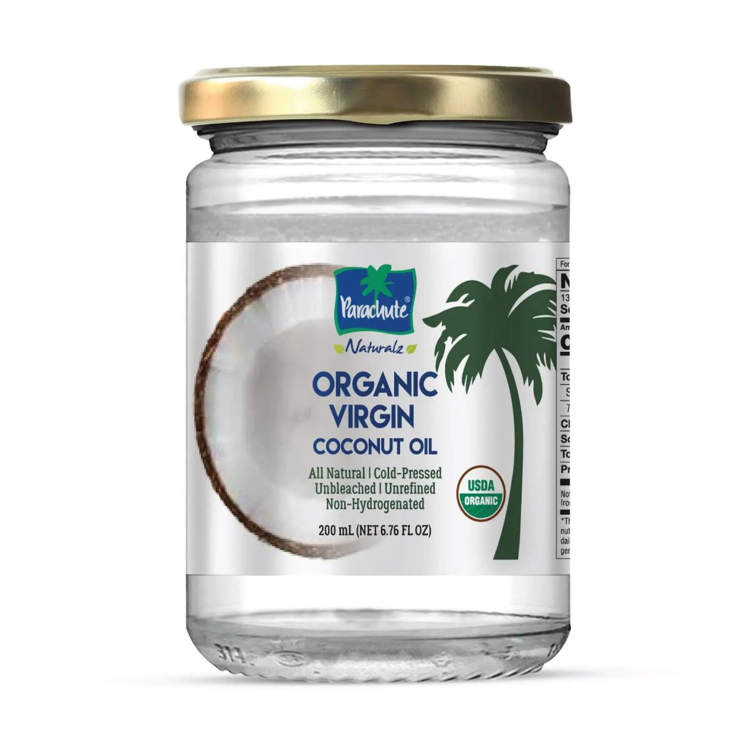 Parachute Naturalz Organic Virgin Coconut Oil | Cooking, Hair, Body & Pulling | Cold Pressed | Unbleached | Unrefined | Non-Hydrogenated | MCT Oil | USDA Certified |6.7 Fl. Oz. | Glass Jar