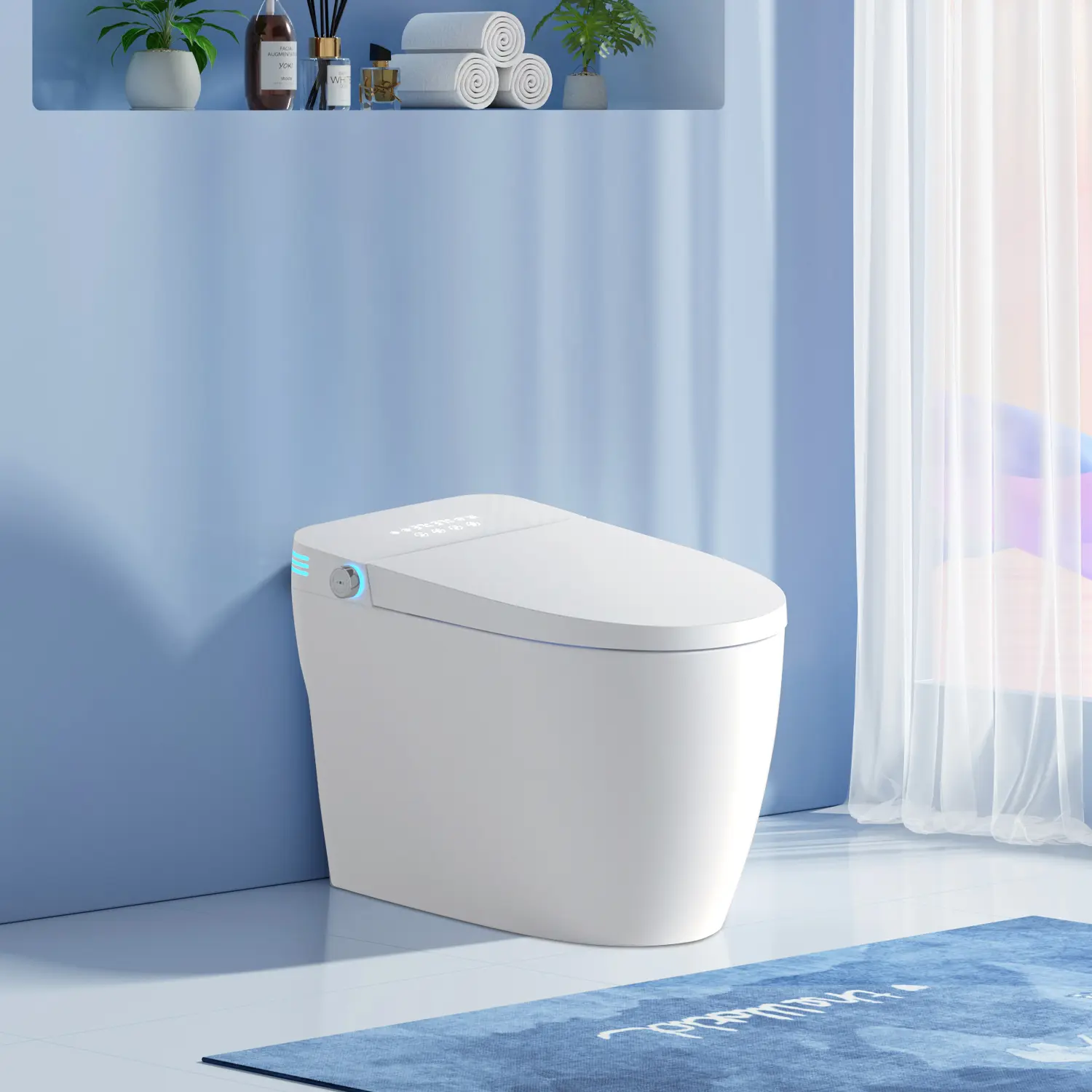 Modern Soft-Close 1-Piece Tankless Smart Toilet with Built-In Bidet, Auto Flush, Auto Open/Close, Heated Seat, Adjustable Temp Warm Water, Dry Settings, Remote Control, Side Knob, Night Light, Soft-Close One-Piece Toilets