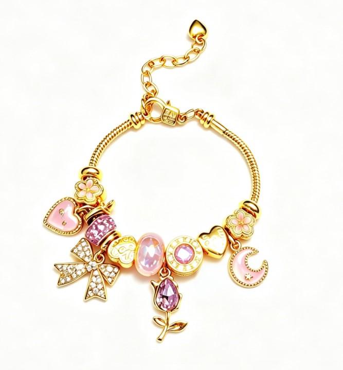 Pink Moon Bow Rose Gold Snake Chain Charm Bracelet, Adjustable Dainty Heart Flower Crystal Beads Bangle, Sweet Romantic Jewelry Gift for Women Teen Girls Daily Vacation Matching Pink Moon Bow Rose Gold Snake Chain Charm Bracelet, Adjustable Dainty Heart Flower Crystal Beads Bangle, Sweet Romantic Jewelry Gift for Women Teen Girls Daily Vacation Matching