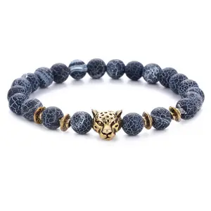 Men's Vintage Charm Alloy Leopard Head Beaded Bracelet, 8mm Round Natural Crystal Beads, Quality Health Yoga Sports Wristband, Beaded Bracelets
