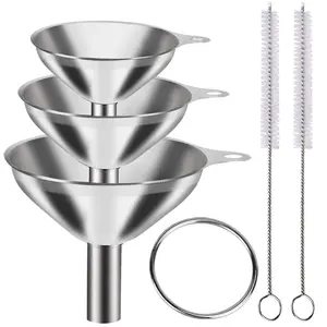 Metal Stainless Steel Funnel, Large Medium Small Funnel Set of 3,  Grade Mini Funnels for Kitchen Use Filling Bottles Flask Cooking, 2 Brushes