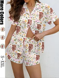 Women's Highland Cow Floral Print Pajama Set, Casual Fitted Shirt Collar Top & Elastic Shorts, Soft Comfortable Home Wear
