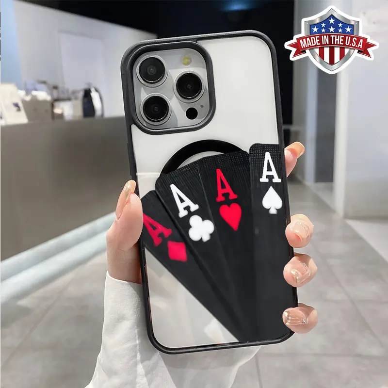 Poker Ace Pattern Magnetic Smartphone Case for iPhone 16,15,14 Pro Max,13,12,11,XR,XS Plus - Transparent Acrylic Soft Cover for Handheld Cellphone Devices, Anti-Yellowing, Shockproof, Lightweight, Wireless Charging Support, Protection, Casing