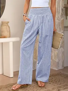 Gingham Plaid Wide Leg Pants for Women, Y2K High Waist Smocked Elastic Waist Palazzo Pants with Pockets, Casual Summer Beach Vacation Lounge Trousers, Comfy Lightweight Aesthetic Streetwear, Casual Fashion Pants