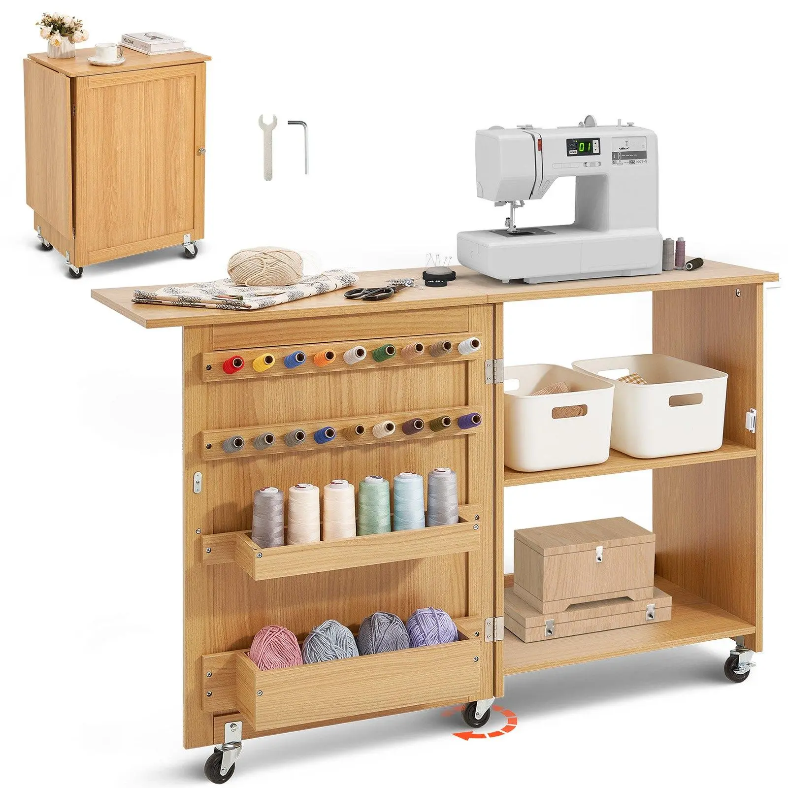 【summerfinds】Sewing Machine Table, Wooden Folding Multifunctional Home Sewing Table with Lockable Wheels, Smooth Glossy Surface, Magnetic Trays, Storage Shelves, Cabinet, Lightweight Organiser, Decor-Friendly for Sewing Room