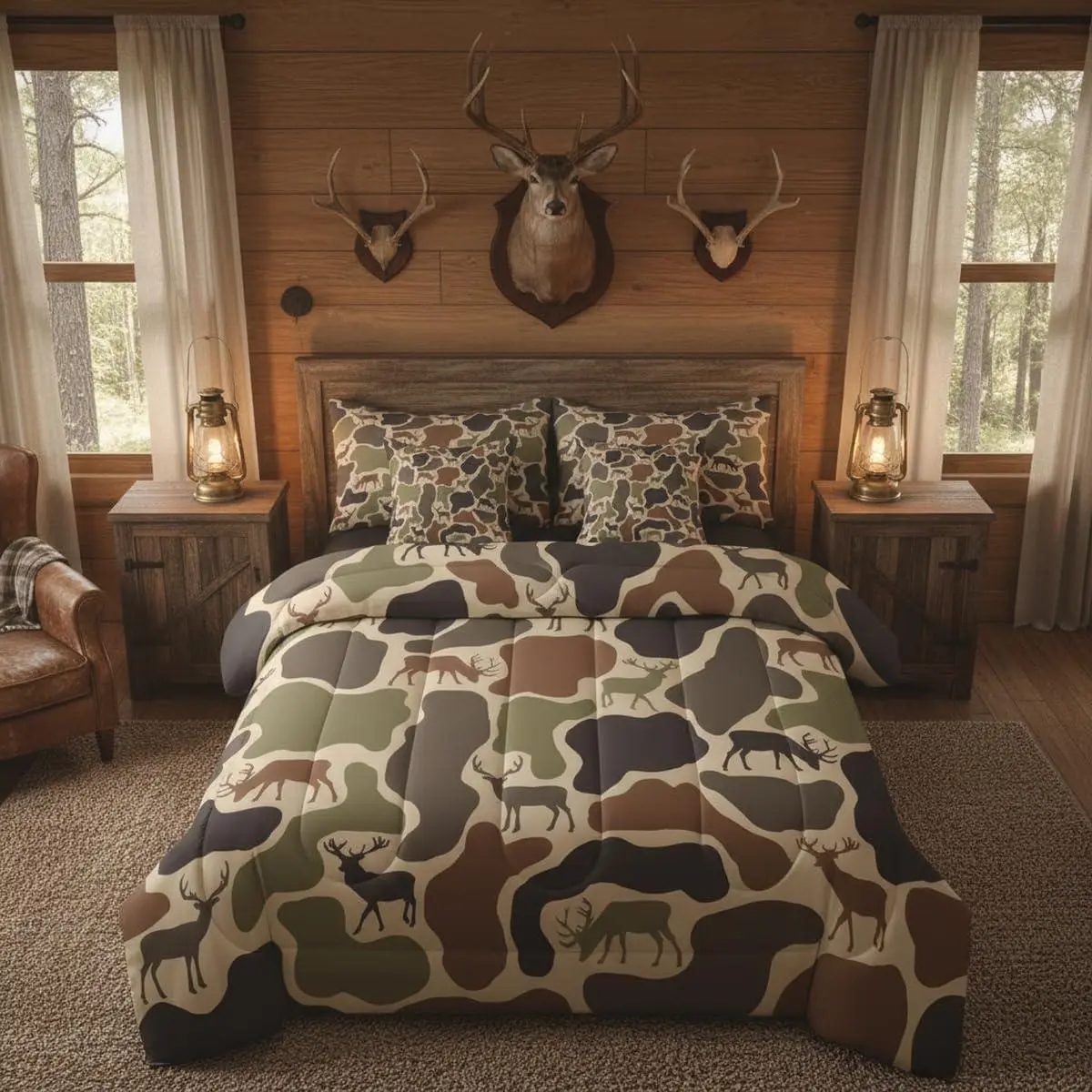 Feelyou 7-Pc Queen Microfiber Camo Deer Bed Set - Green Military Camouflage Comforter, Soft Warm Blanket, Bed Sheets, Kids' Country Hunter Wildlife Linens, Decorative Bedding Set, Bedroom Decor, Bed Sets