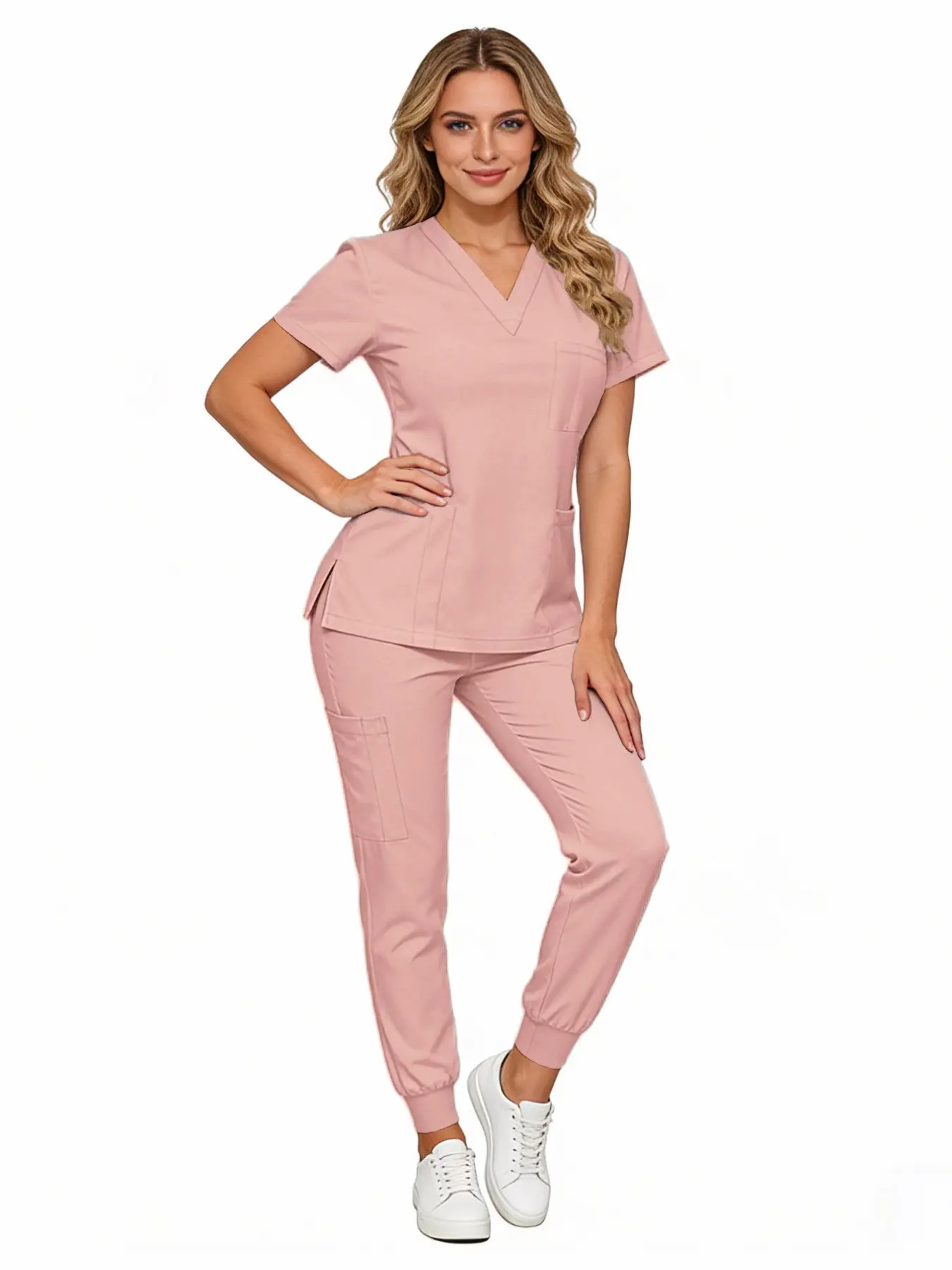 Women's Scrubs Set, V Neck Quick-Dry Breathable Top, Slight Stretch Straight Leg Pants, Multi-Pocket Design, Hospital Clinic Home Wear