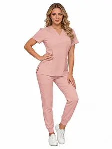 Women's Scrubs Set, V Neck Quick-Dry Breathable Top, Slight Stretch Straight Leg Pants, Multi-Pocket Design, Hospital Clinic Home Wear Uniforms