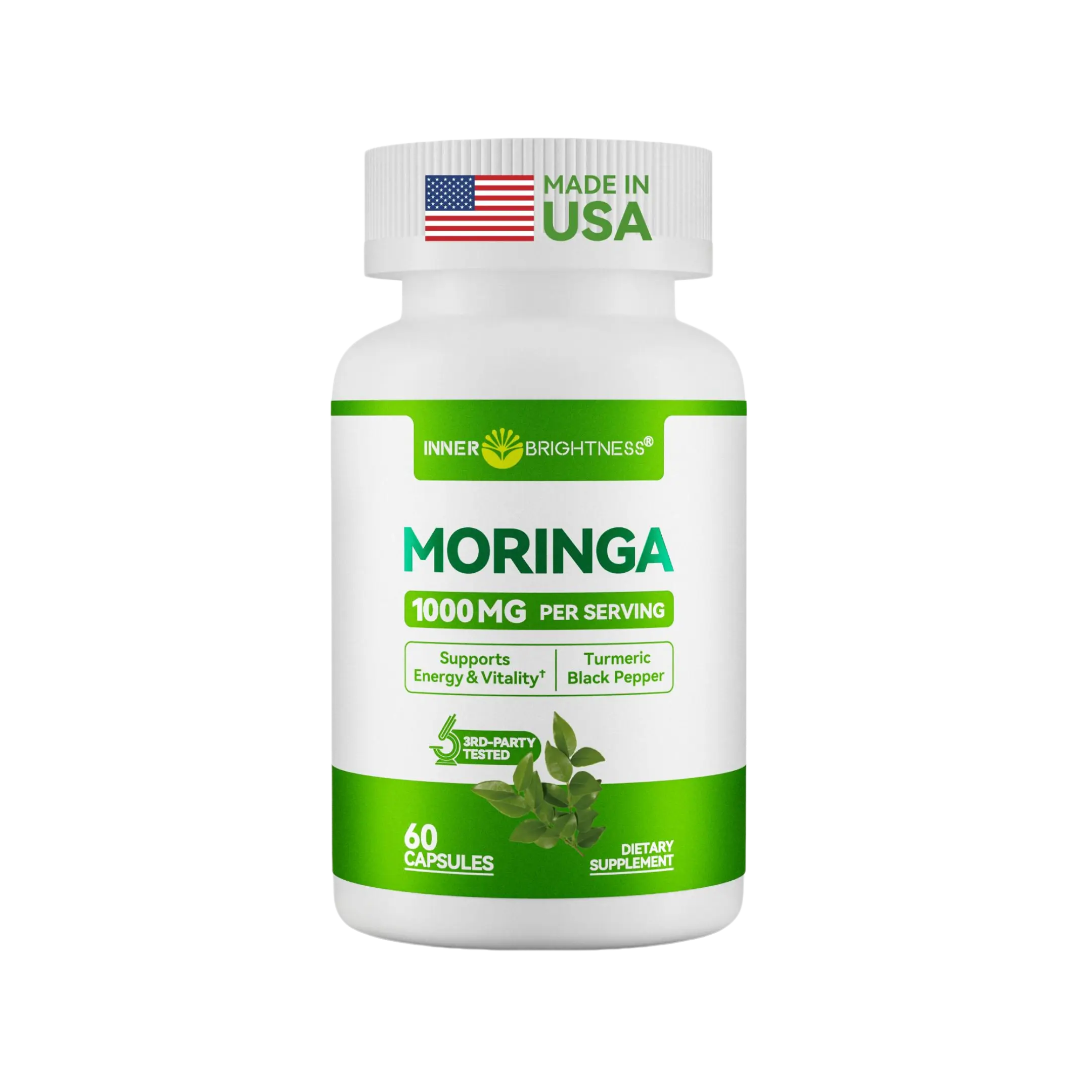 Moringa Capsules 1000mg, INNER BRIGHTNESS Moringa Leaf Extract, for Energy, Sleep, Immune & Gut Health, Veg Capsules 60 Count, All-Natural, Non-GMO, Made in The USA Antioxidant Dietary Supplement Clean Fitness Supplement Edible Healthcare