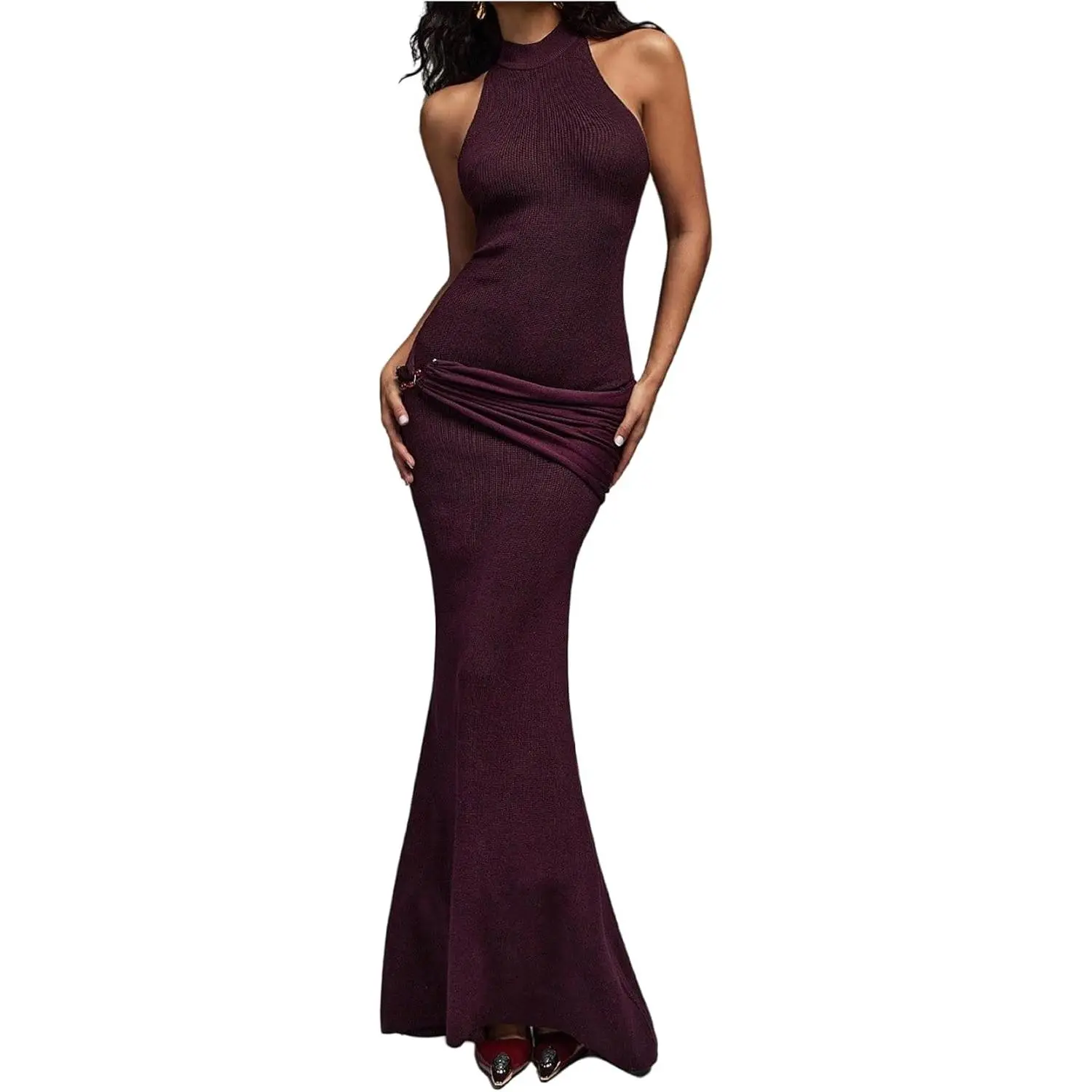 Women's Halter Fishtail Maxi Dress, Ruched Backless Bodycon Rib Knit Gown for Formal Evening Party, Glamorous Formal Dresses, Sexy Formal Dresses