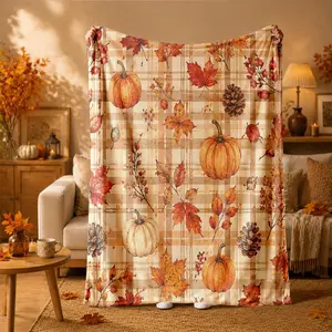 Autumn Plaid Pumpkin and Maple Leaf Print Flannel Blanket - Suitable for all seasons, soft, lightweight and breathable, for bedroom, seasonal and holiday decorations - Perfect for beds, sofas, offices, camping and travel