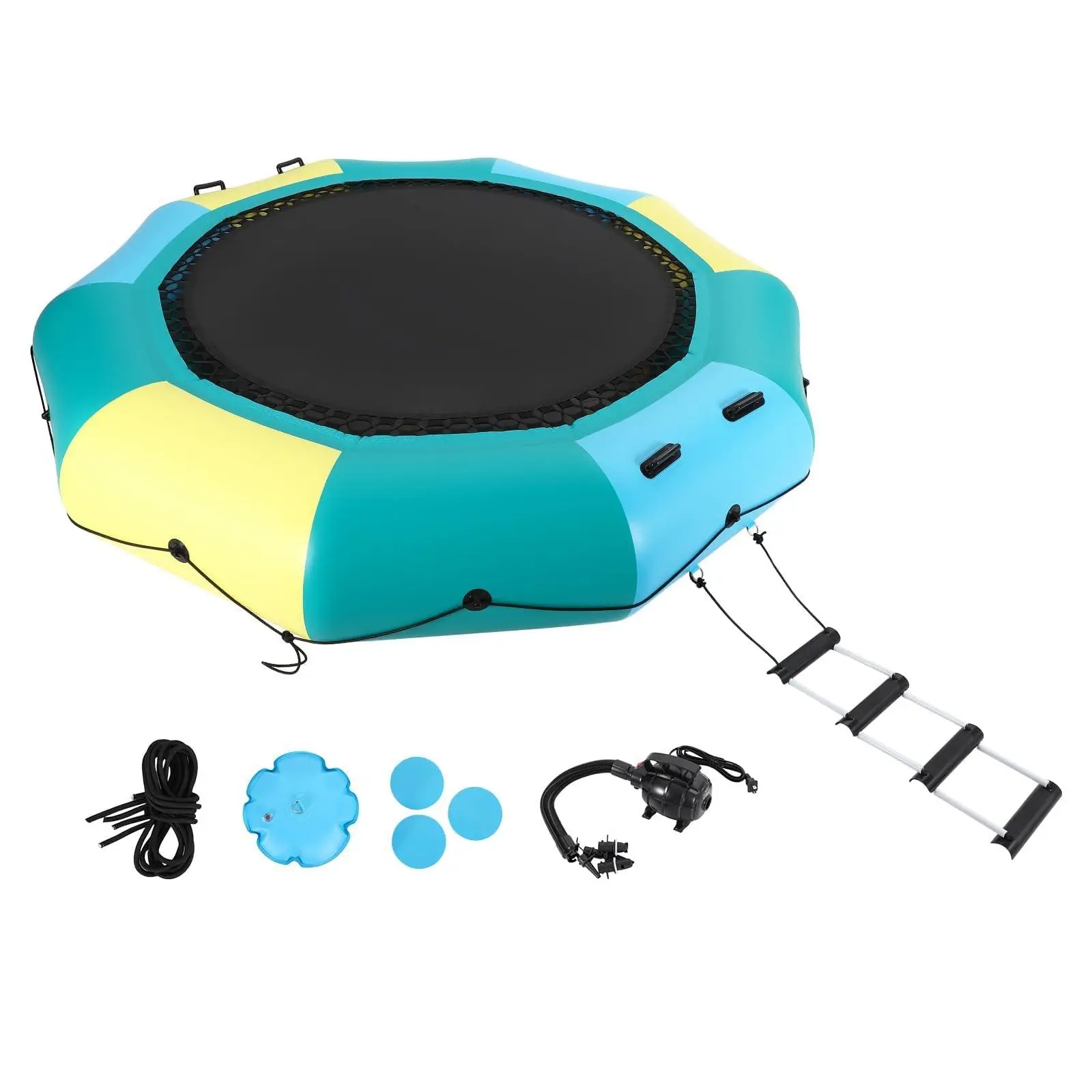 Inflatable Water Trampoline 10FT – Floating Trampoline for Lake, Pool, or Ocean – with 4-Step Rope Ladder, Mooring Ropes, Anchor Bags, Inflatable Nozzles & Reversible Air Pump – for Adults & Teens