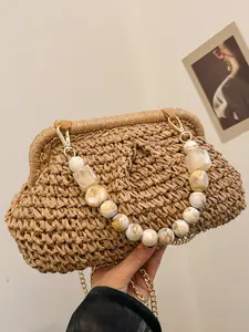 Vacation-style woven pearl and shell embellished bag with chain shoulder strap design, Handcrafted Bag, Casual shoulder bag, Crossbody with chain, perfect for daily shopping or beach vacations