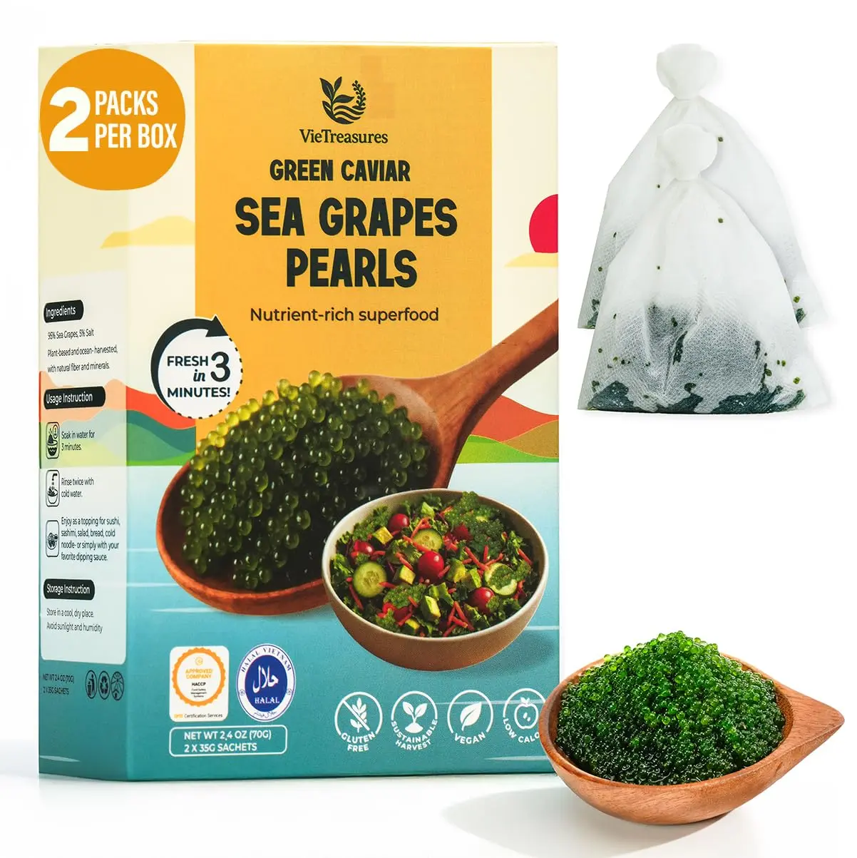VieTreasures Sea Grapes Pearls, Green Caviar Style Seaweed, 2 x 1.25 oz Packs (2.5 oz Total), Vegan & Gluten Free, Popping Texture for Salads, Sushi, Poke Bowls & Gourmet Recipes