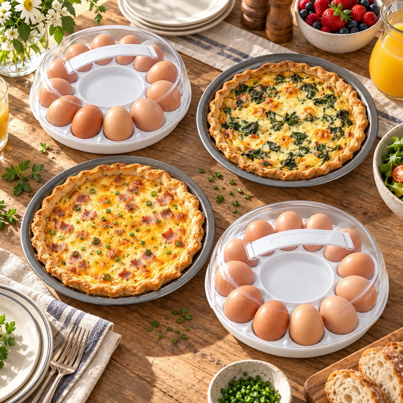 4-Piece Baking & Egg Storage Set, 2 9-Inch Round Pie Pans + 2 Round 12-Egg Containers with Clear Lids and Handles