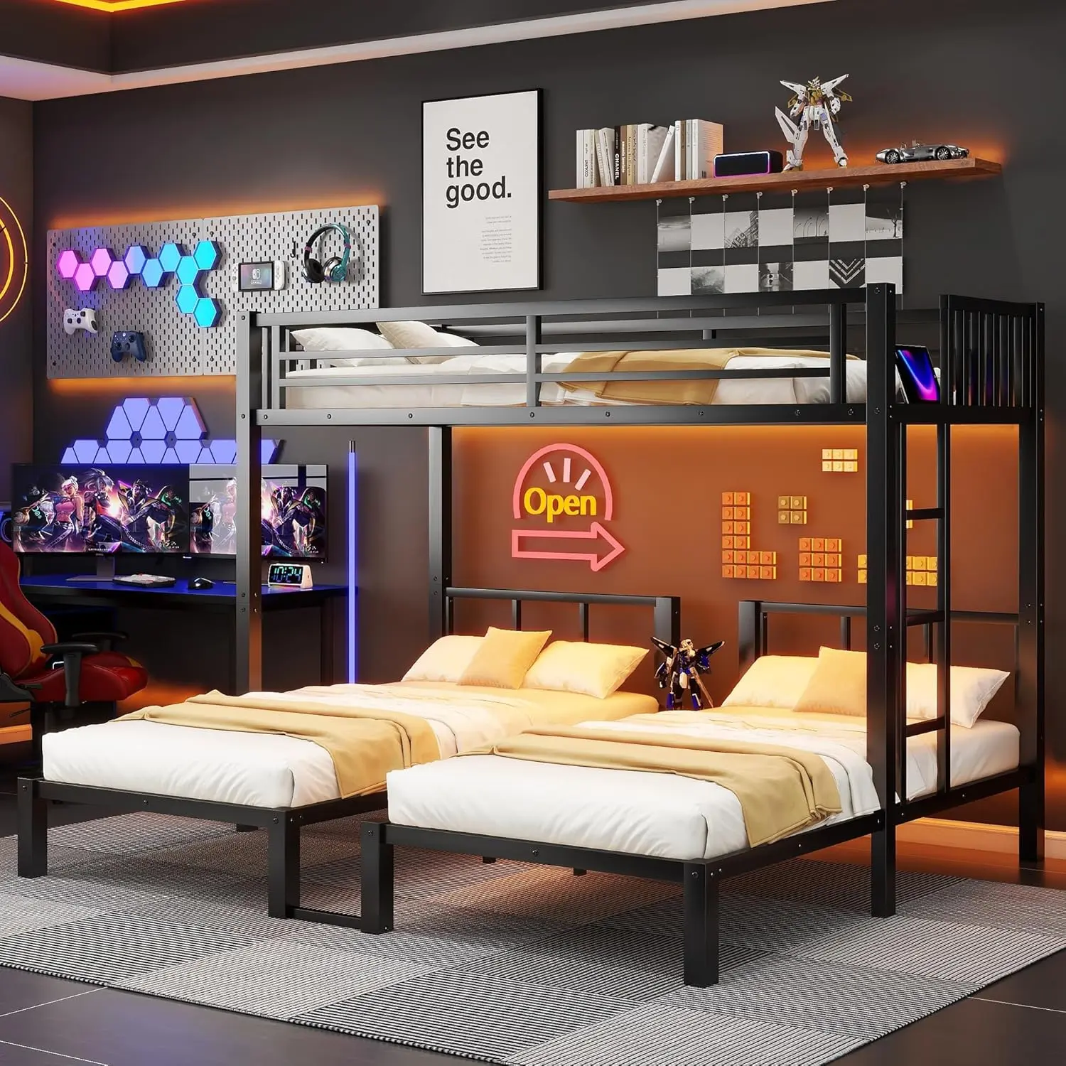 Metal Triple Bunk Bed Twin over Twin & Twin Bunk Beds for 3 kids, Twin XL over Twin & Twin Bunk Bed Heavy-Duty Metal Triple Bunk Bed Frame, Noise Free,Can be converted into 3 separate beds