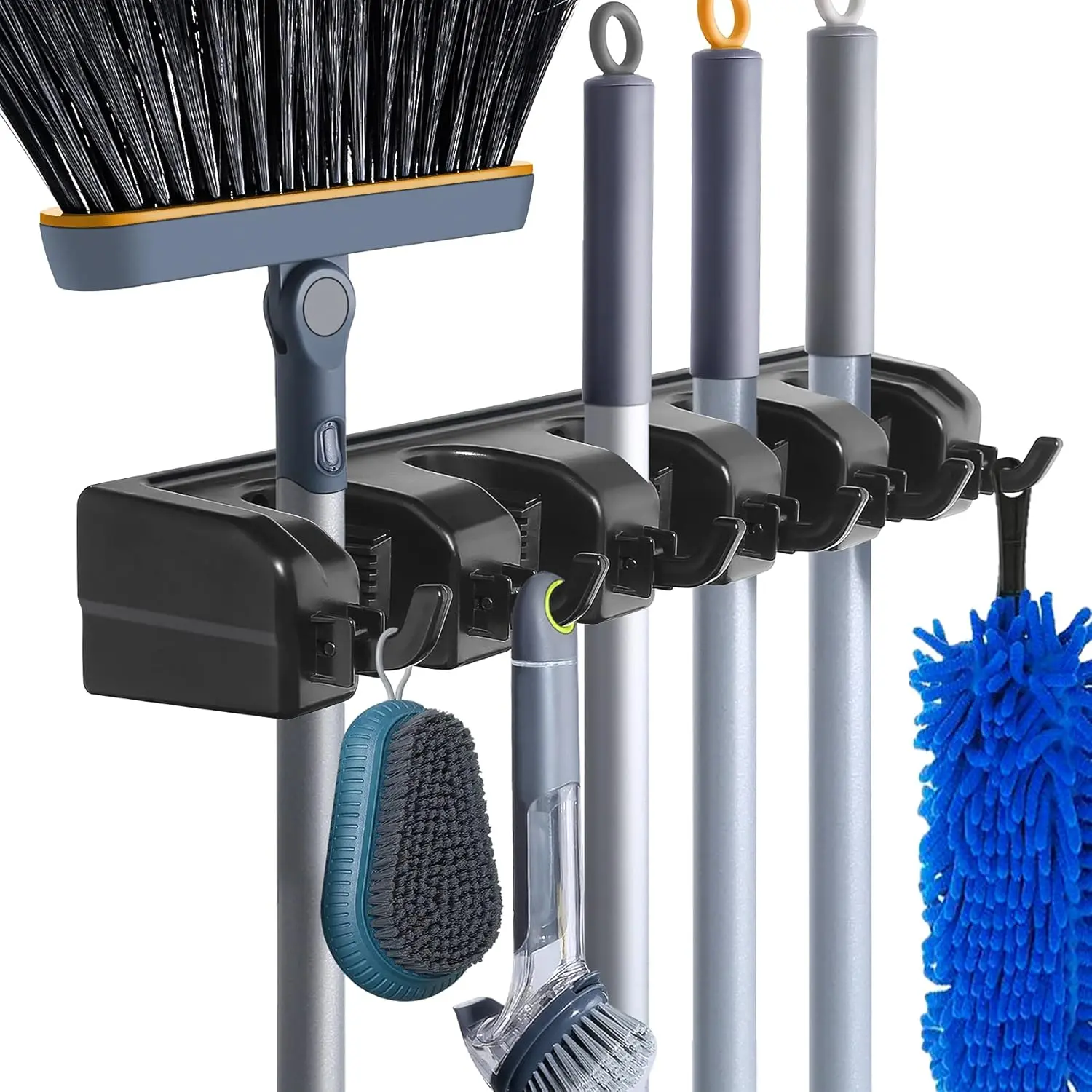 Wall-Mounted Broom & Mop Holder - Heavy-Duty Organizer Rack with Hooks for Garage & Laundry Black
