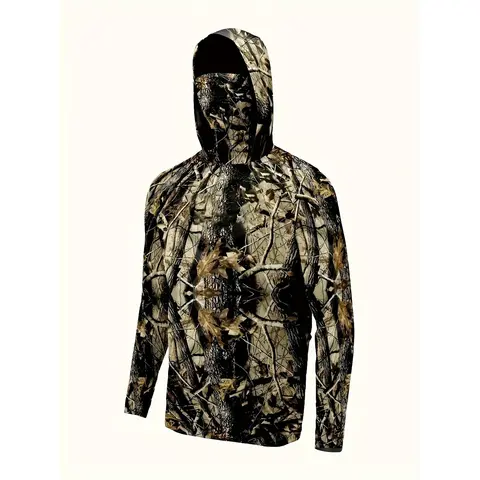 Men's Camouflage Hoodie with Face Mask and Visor - Quick-Dry, Long-Sleeve Outdoor Fishing Hoodie, Suitable for Hunting, Beach, and Outdoor Activities, Fishing Hoodie, Hunting Apparel, Fashionable Hoodie Design, Comfortable Wear