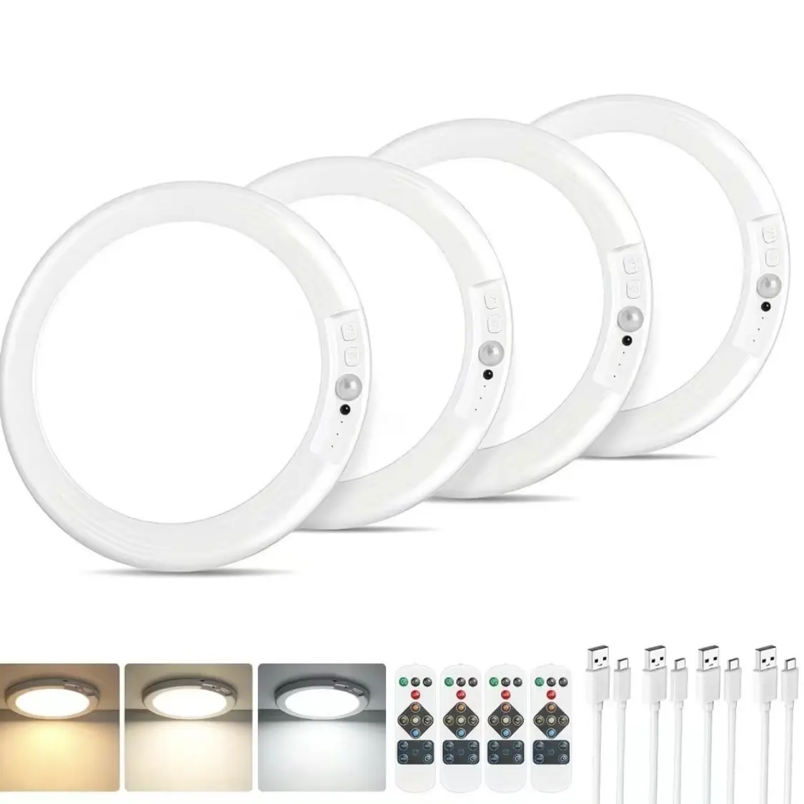 Rechargeable Motion Sensor Plastic Ceiling Light with Remote - Adhesive, Battery-Operated Wireless LED Overhead Light, Dimmable 3 Color Temperatures, Renter-Friendly No-Wiring Indoor Lighting for Bathrooms, Campers, Sheds
