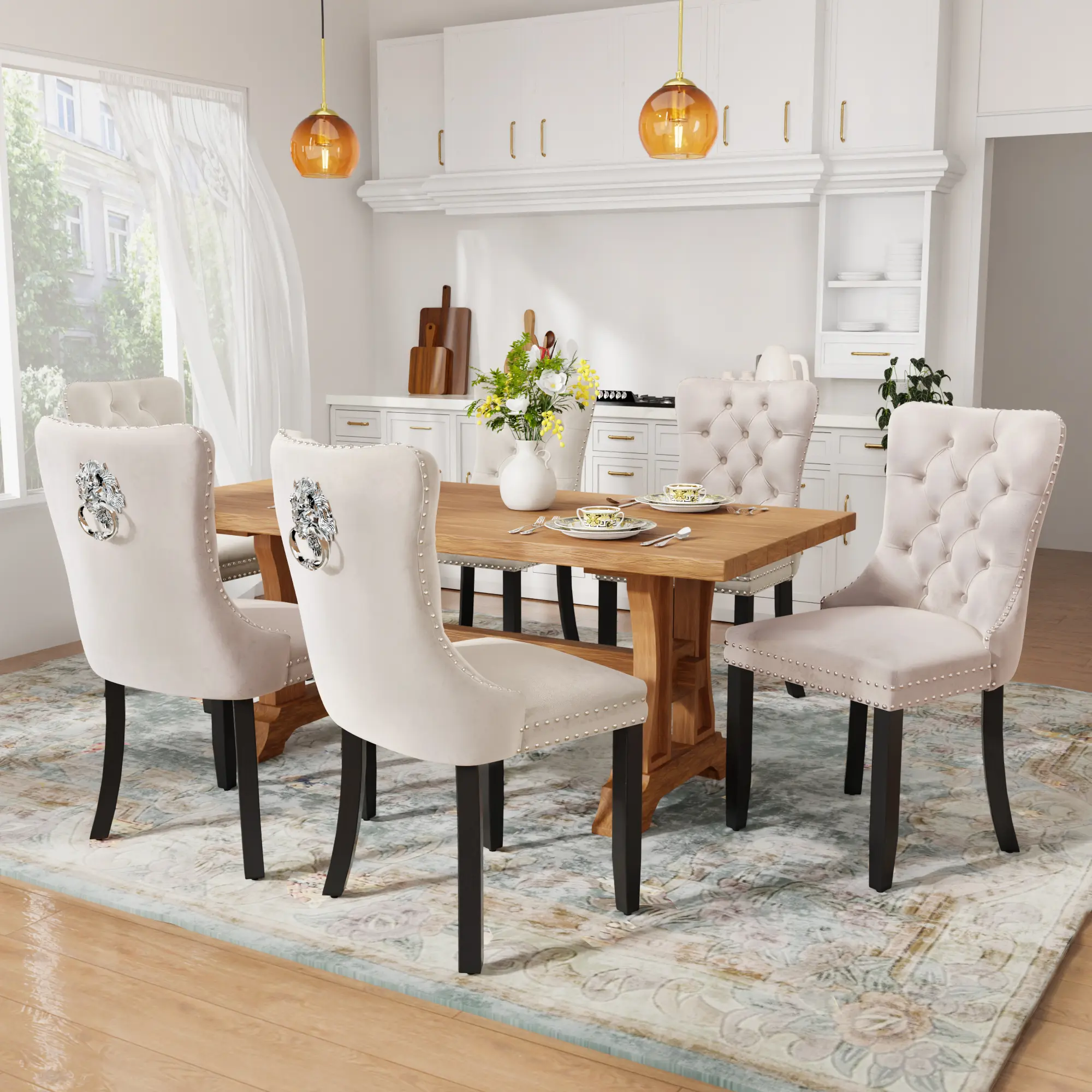 6-Seat High-End Tufted Wingback Fabric Dining Chairs - Modern Upholstered Armchair Set with Velvet Upholstery, Nailhead Trim, Supports 300lbs