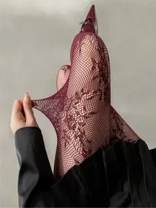 Women's Lightweight Sheer High Stretch Rose Pattern Lace Stockings, Slim Fit Skinny Fishnet Pantyhose, Vintage French Style Tights