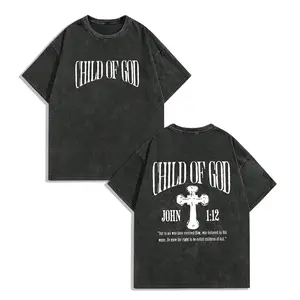 Men's Child of God Jesus Cross Graphic Tee - 230g Washed Cotton Vintage Streetwear T-Shirt, Summer Retro Casual Top