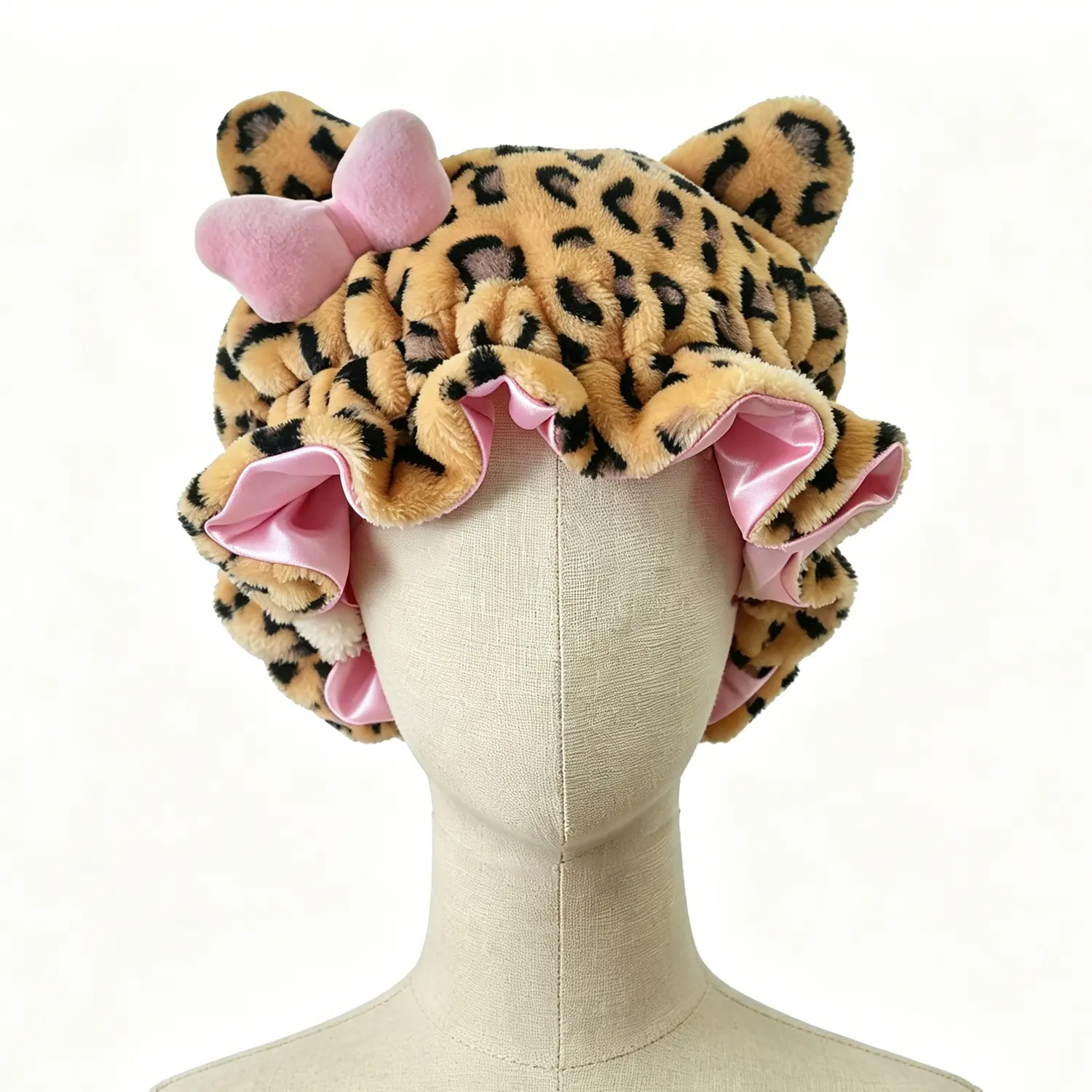 Leopard Luxury Kitty Teddy Bonnet - Adjustable, Stylish & Durable Haircare Bonnet with Satin Lining, Cute Ears, Frizz Protection & Curl Care for Daily Use, Halloween