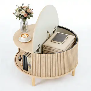 40" Round Drum Coffee Table with Hidden Storage, Fluted Wood Slat Design & Sliding Tambour Door