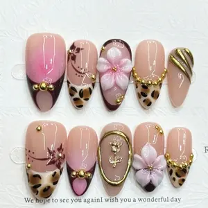 10pcs French Leopard Print Almond-Shaped Handmade Press On Nails, 3D Carved Glamorous Y2K Metallic Finish Gilded Studded Press-On Nail Tips, Nail Art Design