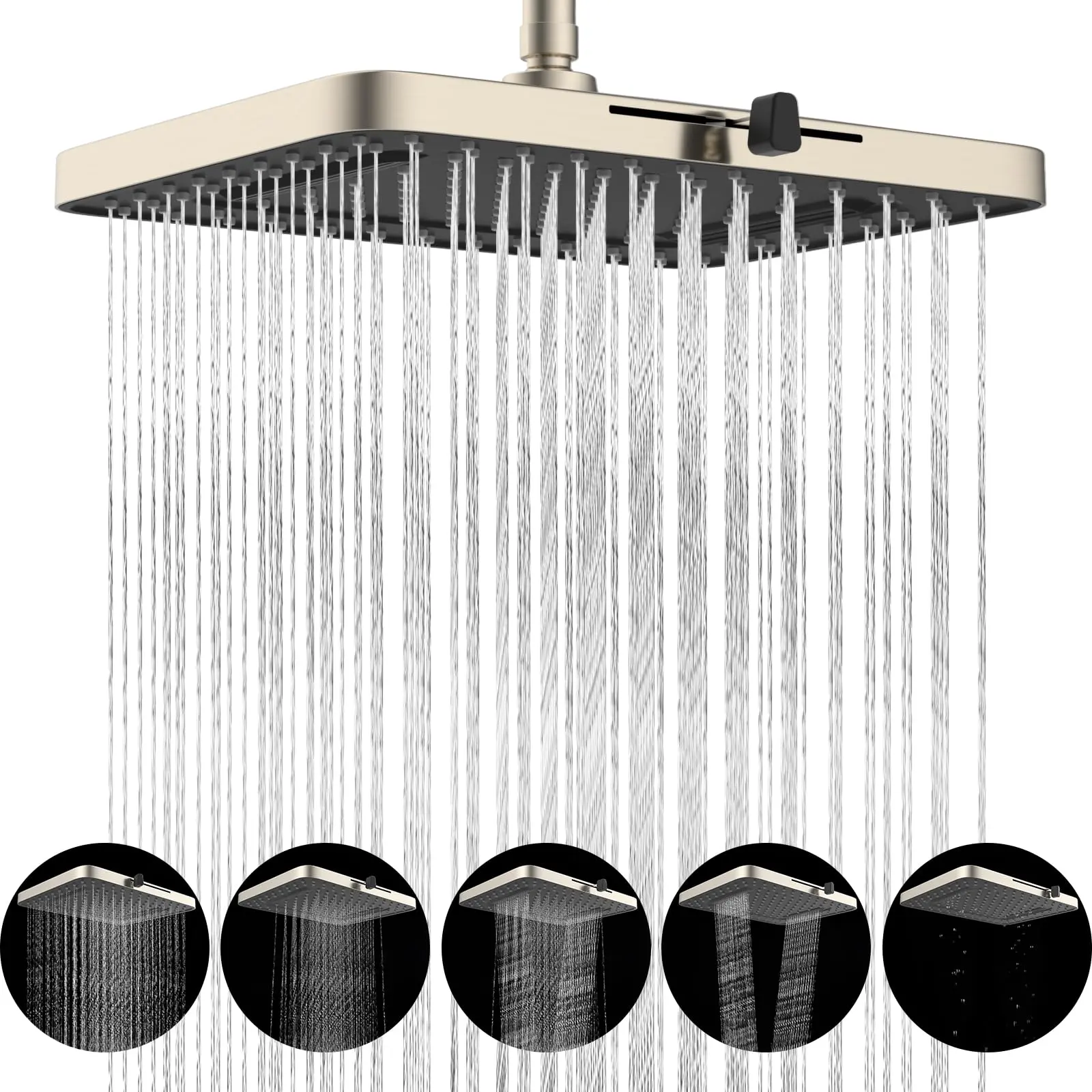 Hibbent Modern 13-in Fixed Brushed Nickel Shower Head Set - 5 Spray Modes, 8-in Water Outlet, 360° Rotatable Adjustable Swivel Ball Joint, High-Pressure Waterfall, Massage Jet, Selfclean Nozzles, Cleansing Fatigue Relief