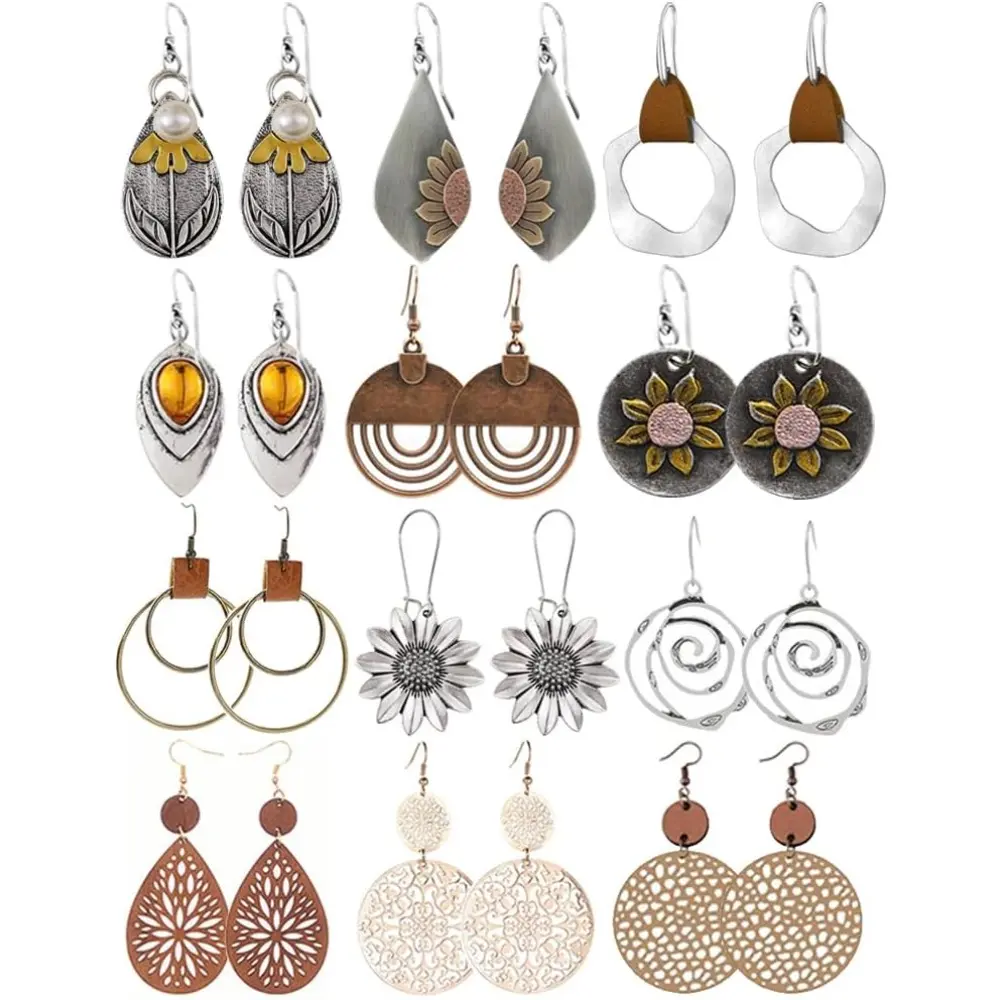 Women's Vintage Retro Boho Hook Earrings Set (9-12 Pairs) - Nickel-Free Female Jewelry with Wood, PU Leather, Geometric, Sunflower, Round Hollow-Out, Water Drop Designs - Ideal for Thanksgiving, Birthday, Casual Daily, Wedding Use