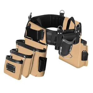 FUERI Tool Belt for Men, Heavy Duty Nylon and Leather 26 Pockets Beige and Black comes with Comfort Padded Belt,Spacious Pouches,Hammer Holder and Suspender Loops for Carpenter Construction Electrician