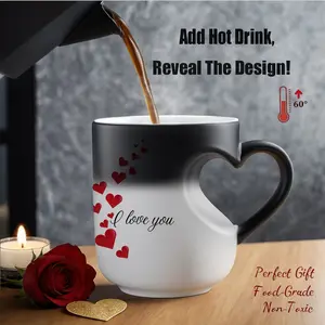 Magic Color Changing Mug Heart, Thermosensitive Ceramic Mug, Insulated Travel Mug, Thermal Cup, Hearts with I Love You, 11 Oz/330 Ml, Valentine's Day Gift for Her