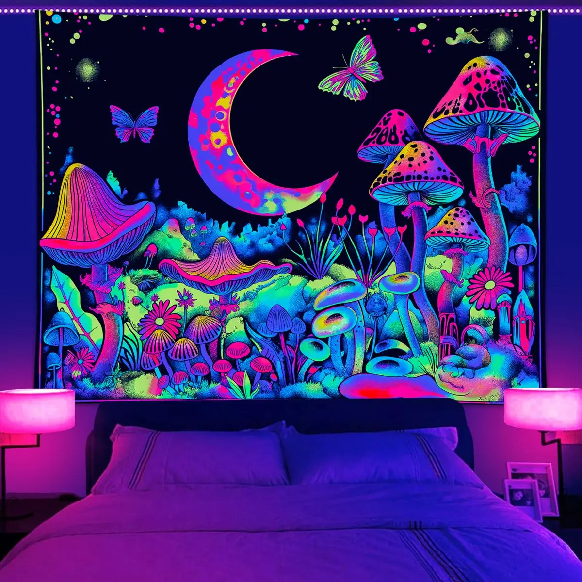 Mushroom & Moon & Butterfly Pattern Tapestry, 1 Count  Reactive Fluorescent Durable Decorative Tapestry, Neon Light Effect Wall Hanging Blanket for Home, Multicolor Decoration Items, Home Goods, Tapestry Wall Mural