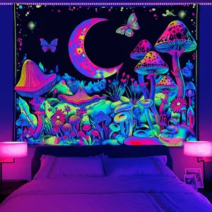 Mushroom & Moon & Butterfly Pattern Tapestry, 1 Count UV Reactive Fluorescent Durable Decorative Tapestry, Neon Light Effect Wall Hanging Blanket for Home, Multicolor Decoration Items, Home Goods, Tapestry Wall Mural