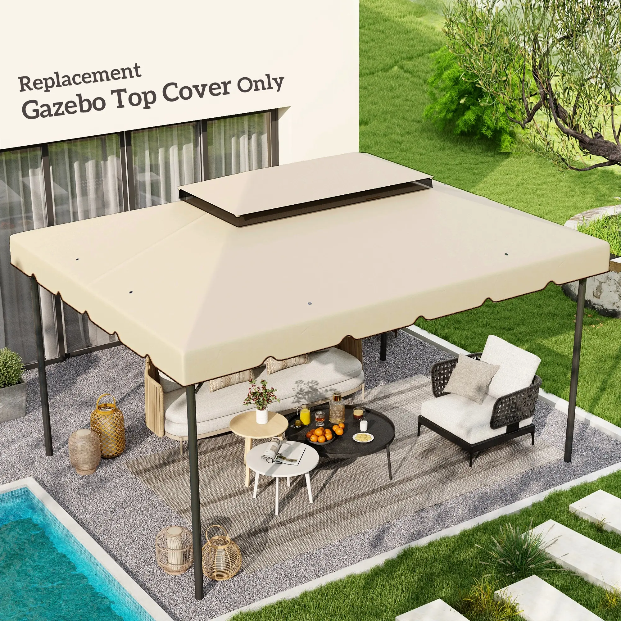 13' x 10' Gazebo Replacement Canopy – White. Fits 84C-101 & 84C-144 Series. Two-Tier Vented Roof. 8 Rain Drain Holes. PA-Coated. Touch Fastener Attachment. TOP ONLY
