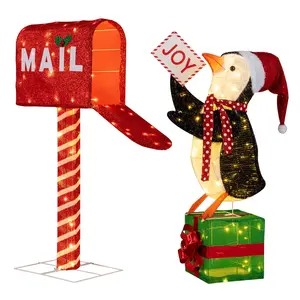 COSTWAY - Lighted Christmas Decoration Mailbox and Penguin 3D Pre-Lit Xmas Holiday Decoration