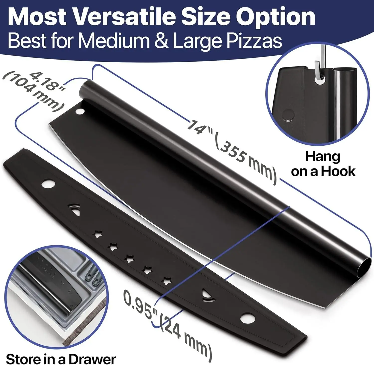 Professional Pizza Cutter Rocker Blade - Sharp Stainless Steel Slicer Knife with Protective Cover, Nonstick Coating Pizza Slicer, Dishwasher Safe Pizza Oven Accessories, Modern Kitchen Tool for Home Chefs