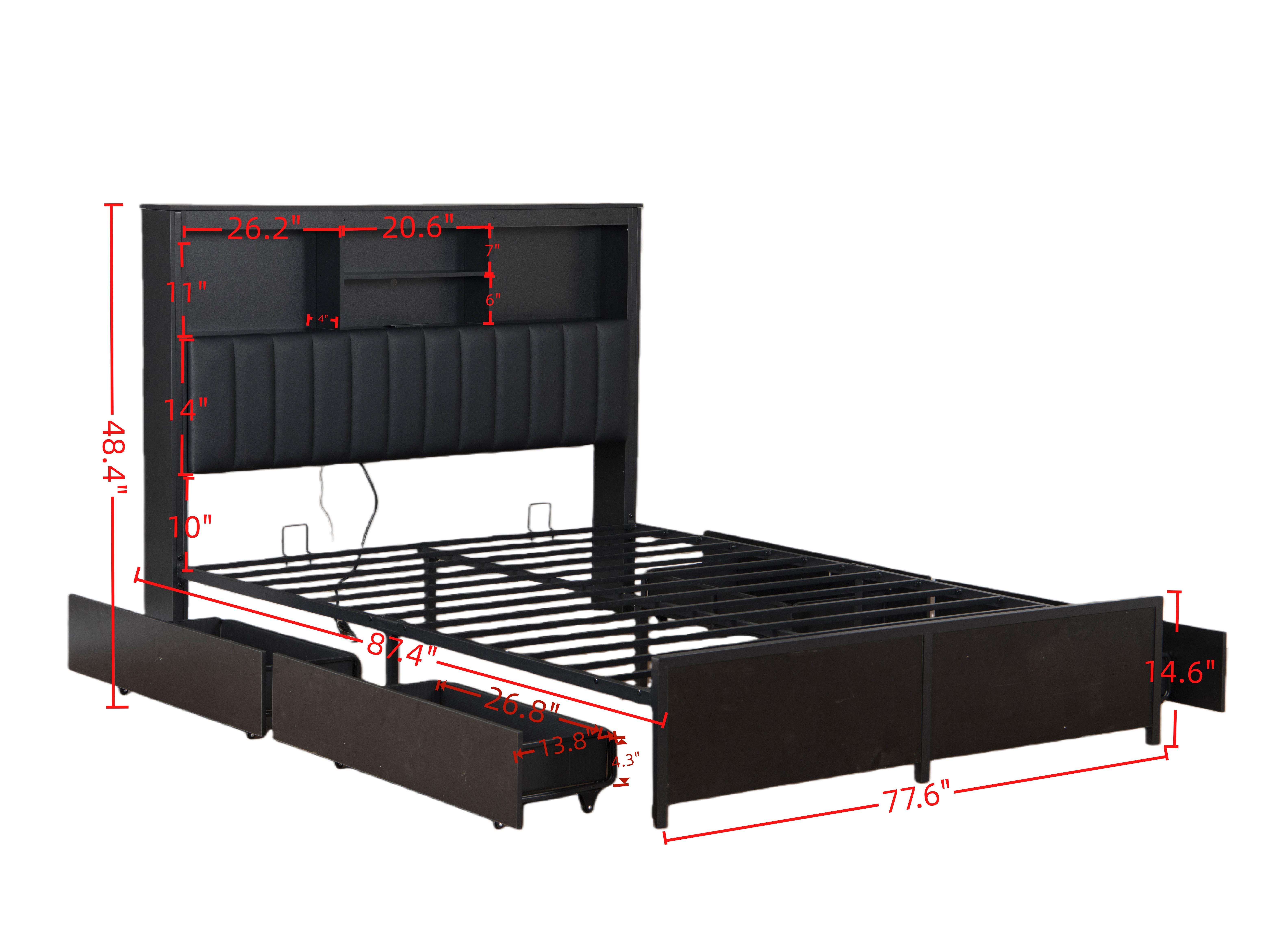 King Size Platform Bed Frame with Tall Storage Headboard and 4 Storage Drawers，Metal Platform Bed with LED Light and Charging Station for Small Space Bedroom Living Room No Box Spring, Black