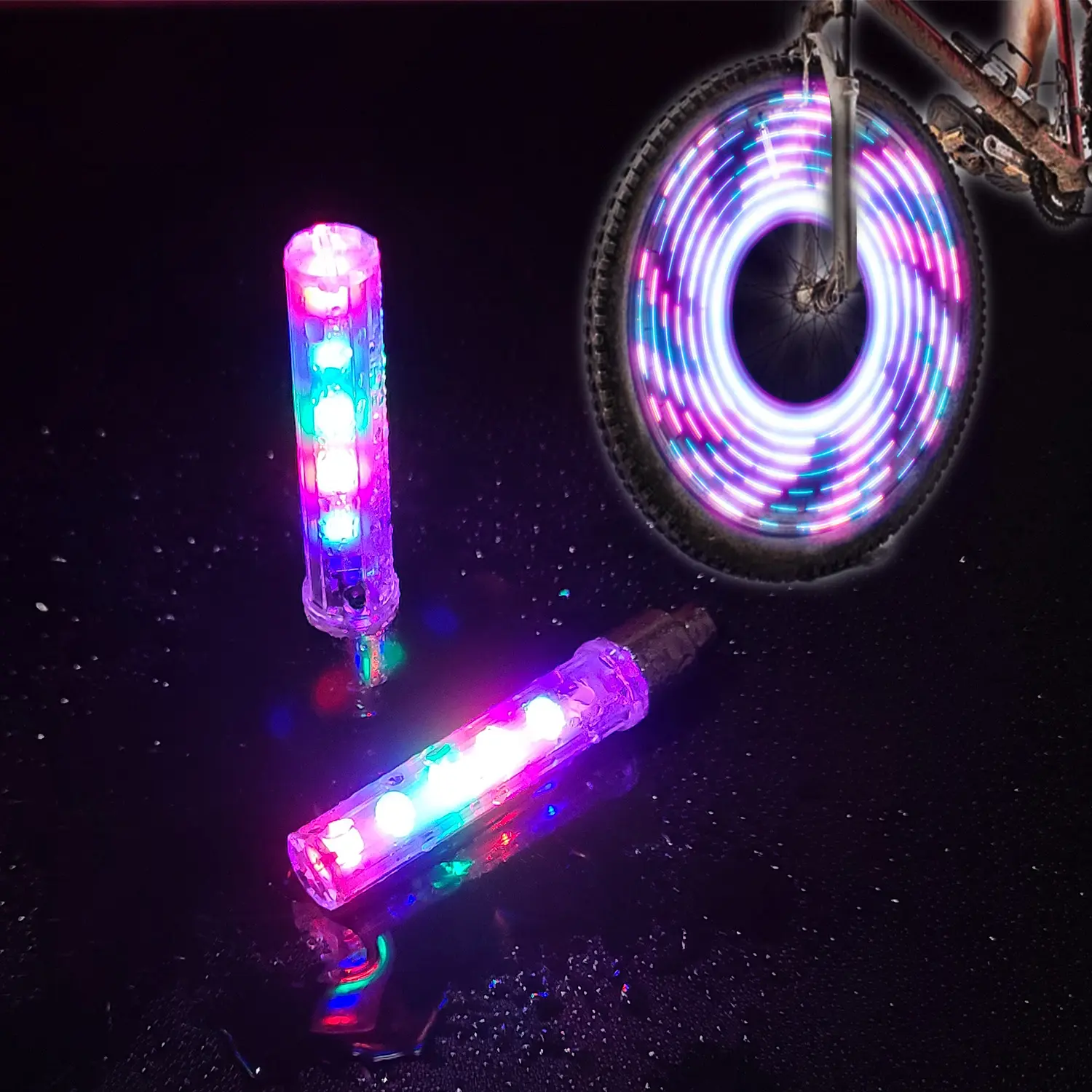 2PCS Bike Wheel Lights LED Bicycle Tire Valve Light 7 Modes Waterproof Spoke Light for Kids Adult Bike Motorcycle Car, Safety Night Riding Decoration Light with 5 LED Beads, American Valve Only