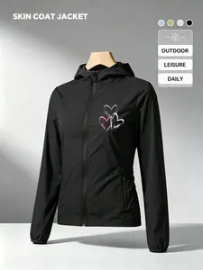Faith Hope Love Three Color Hearts Print Women Summer Hooded Zip Up Skin Coat Jacket Four Colors Optional Soft Skin Friendly Breathable Lightweight Loose Casual Versatile Outdoor Commuting Essential