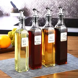 4pcs 500ml Glass Olive Oil Bottles Vinegar Dispenser Set with Drip Spout for Cooking, BPA-Free, Transparent, Ideal for Kitchen Baking and Grilling, BPA Free Bottles|Clear Containers|Durable Glas